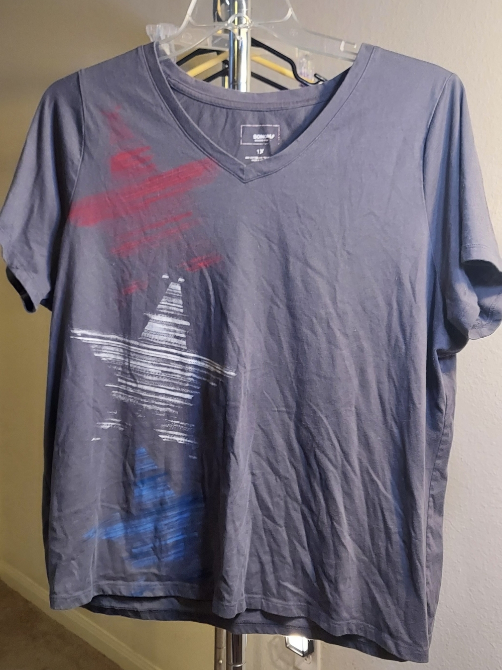 Sonoma Short Sleeve V-Neck Tee in Slate Blue with Red, White & Blue Star Accents